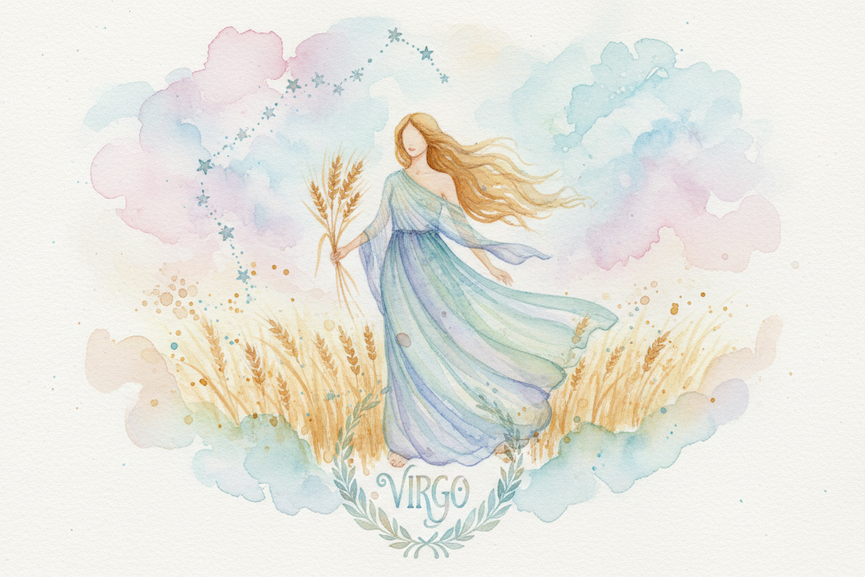 Virgo zodiac illustration of a flowing-haired maiden in a soft sage green dress holding wheat, surrounded by pastel clouds and earthy tones, symbolizing purity, wisdom and earth sign energy