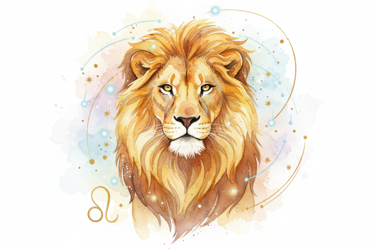 Watercolour golden lion illustration representing Leo zodiac sing with celestial accents, symbolizing strength, confidence, and fire energy